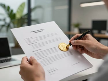 Close-up shot of hands holding an official stamped document with gold seal, modern office background with tropical plants visible outside.