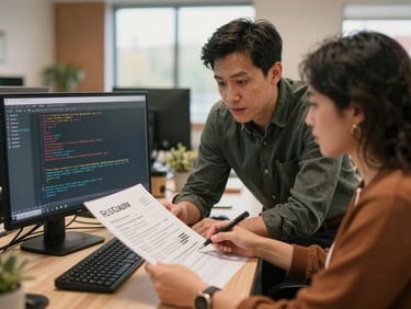 A professional mentor guiding an adult learner through a resume and coding project in a modern Fort Wayne office. Warm interior lighting, 35mm.