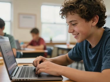 A close-up of a young student in Indiana smiling while writing code on a laptop in a bright classroom. Warm lighting, shallow depth of field, 35mm.