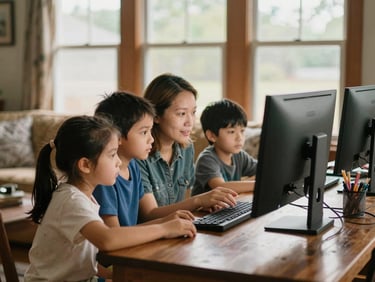 An Indiana family in their living room learning together on a newly distributed desktop computer. Natural daylight, warm and welcoming atmosphere, 35mm.