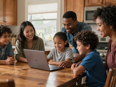 A warm editorial photograph of a diverse family in Fort Wayne sitting around a kitchen table, smiling as a volunteer guides a young student on a newly refurbished laptop under soft window light.