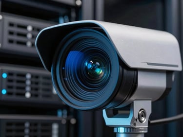 Close-up of a high-end CCTV camera lens reflecting deep blue and cyber-cyan light from server racks in a dark environment