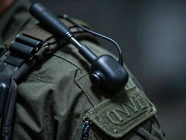 Macro close-up of a tactical uniform shoulder patch and communications earpiece, dark cold lighting, focused on posture and gear, background blurred