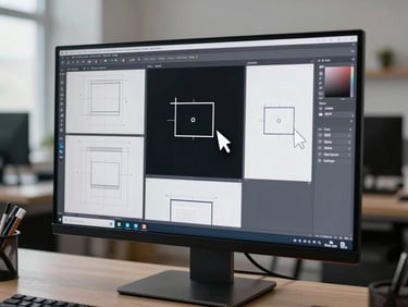 Wide shot of a design software canvas open on a large monitor — wireframes and high-fidelity mockups side by side, cursor mid-drag on a component. Ambient cool-white room light, no warm tones. Desk environment visible in soft focus behind the screen.