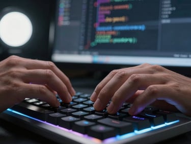 Extreme close-up of hands typing on a backlit mechanical keyboard, code editor visible on a dark screen in the background — syntax-highlighted CSS and JavaScript partially visible. Cool studio light from the left, motion blur on fingertips suggesting active work.