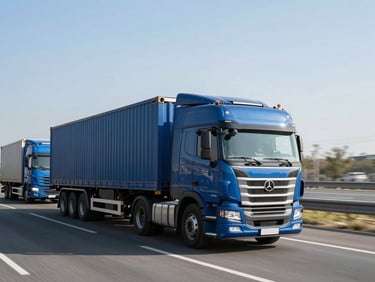 Modern cargo truck fleet driving on a highway under crisp daylight, industrial blue tones, professional photography