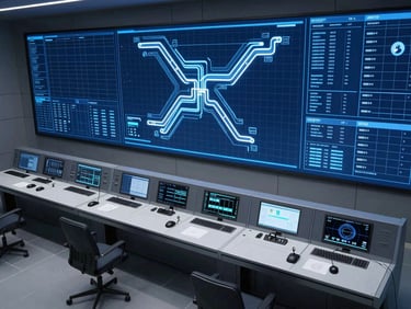 A sleek digital control room with glowing route maps on screens, technical grid overlays, deep blue and cool steel gray tones