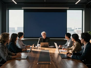 Collaborative boardroom setting, diverse team focused on a projection, sharp natural light, deep shadows, cinematic wide angle