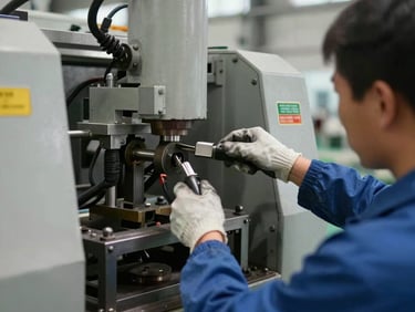 Create an image of a person servicing a production machinery in an industrial production factory