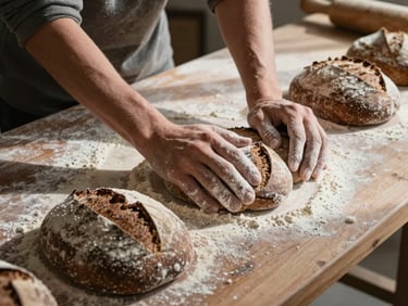 Wide environmental shot of a rustic bakery prep table, flour-dusted hands kneading dark rye sourdough, soft morning daylight casting long shadows, raw culinary texture.