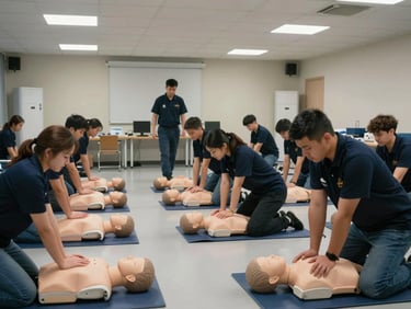 Wide shot of a group of trainees practicing CPR on mannequins laid out on a training room floor, clinical overhead lighting, instructor walking between stations, concentrated faces, documentary framing