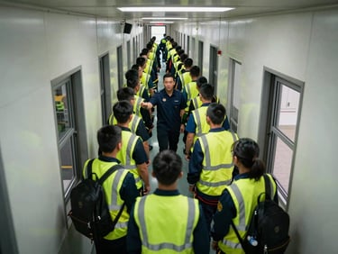 Overhead view of trainees practicing fire evacuation drill in a corridor, safety vests visible, instructor at the front directing the group, bright fluorescent lighting, documentary-style wide framing