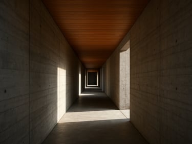 Deep perspective corridor of Casa Origen, natural light play on structural concrete walls, warm wood ceiling panels, clean lines.