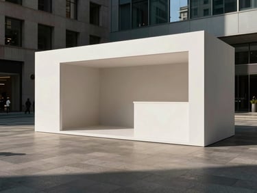 Wide shot of a minimalist physical campaign installation in a public plaza, hard-shadowed studio lighting style, clean architectural lines.