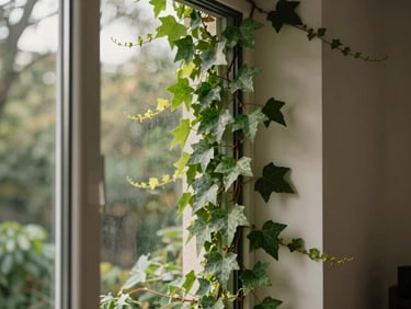 Detail of modern interior window frame with lush green climbing ivy growing inward, soft morning light, 35mm
