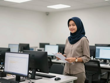 An Indonesian student confidently presenting her business plan in a bright, modern computer lab with clean indoor lighting