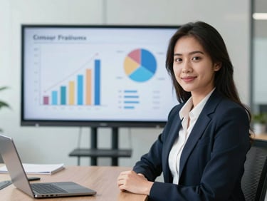A confident young Indonesian female professional presenting business metrics on a screen in a bright corporate meeting room, daylight