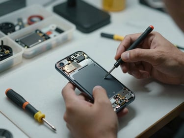 Close-up of a repair technician's hands holding a disassembled smartphone — back panel removed, components visible, small screwdriver resting on a clean mat. Cool-toned indoor workbench light. Tight framing, no face visible. Organised tools and component trays in the shallow background.