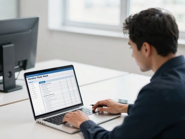 Two professionals reviewing a vendor risk dashboard on a laptop, clean desk, collaborative environment, soft lighting