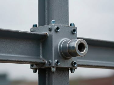 Close-up of a structural steel connection node being assembled on site — precision bolted joint, mill-scale finish, diffuse overcast light, no people visible, emphasis on dimensional accuracy and fabrication quality