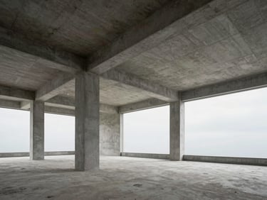 Wide interior of an unoccupied architectural space under construction — exposed concrete ceiling with formwork marks, structural columns, overcast daylight through tall openings, no people, no furnishings, clean geometric proportions