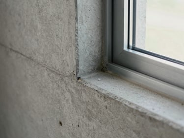 Extreme close-up of a raw concrete wall junction meeting a polished steel window frame, diffused north-facing daylight revealing surface texture, no people, architectural precision detail
