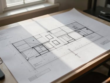 Architectural site plan and section drawing spread flat on a white drafting table — precise ink lines, scale notation, minimal hand annotations, diffuse north-facing window light, no people, no digital screens