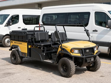 Medium shot of organized professional recovery equipment and clean, branded utility vehicles parked in bright daylight, representing operational readiness.