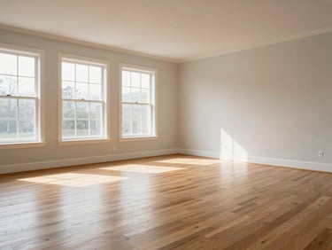 Wide environmental shot of a clean, empty, light-filled living room post-recovery, natural bright daylight streaming through large windows, pristine hardwood floors, neutral walls, absolute sense of fresh start.