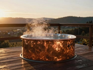 Warm editorial photograph of an outdoor copper soaking tub on a wooden deck at sunset, steam rising, hill country horizon