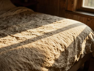 Tactile close-up of golden-hour light hitting linen sheets in a rustic luxury cabin, warm shadows, 35mm film look