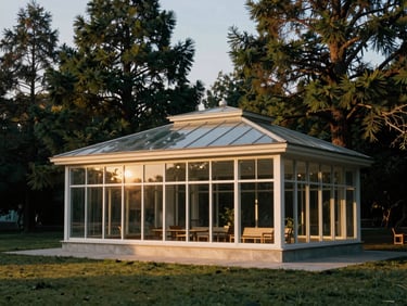 Atmospheric environmental composition of a modern glass-walled pavilion nestled among mature cedar trees, soft dusk lighting