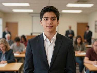 Portrait of a young male legislator in a dark suit, warm indoor lighting, authentic community center background