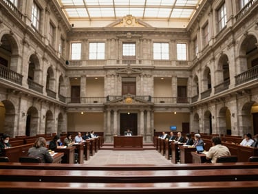 Wide panoramic shot of the Mexican legislative palace assembly hall, warm natural daylight filtering through high windows, architectural symmetry, 21:9 aspect ratio