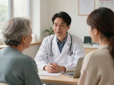A doctor talking to an elderly patient in a clean, brightly lit community clinic, warm natural light.