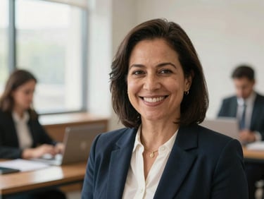Portrait of a professional female legislator, smiling warmly, soft daylight office background, editorial style