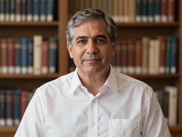 Portrait of a mature male legislator in a clean white shirt, warm natural library lighting, professional 35mm photography