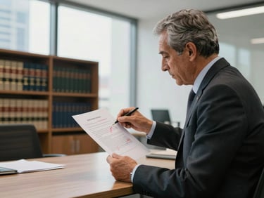 Close environmental shot of a modern Mexico City office interior, a senior advisor at a standing desk reviewing a printed contract with annotations in red ink, clean daylight from large windows, bookshelves with legal volumes in soft focus behind, no faces, emphasis on the annotated document and deliberate posture