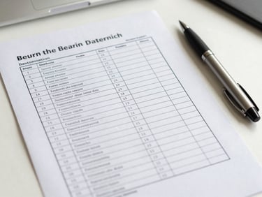Close-up overhead of a printed product checklist on a clean white desk, pen resting beside it, neutral daylight, crisp and organized