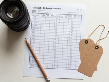 Overhead flat-lay of a deal tracking spreadsheet on a light surface with a pencil and two product tags beside it, studio lighting, clear and structured