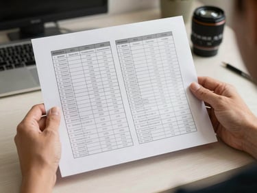 Hands holding a printed comparison template with two columns of product specs filled in, desk surface visible below, neutral studio light, focused and clean