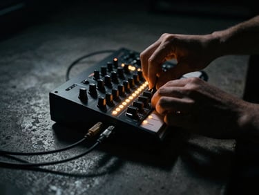 Close-up of hands adjusting patch cables on an analog modular synthesizer, dim amber LED indicator lights, dark concrete background, moody shadows.