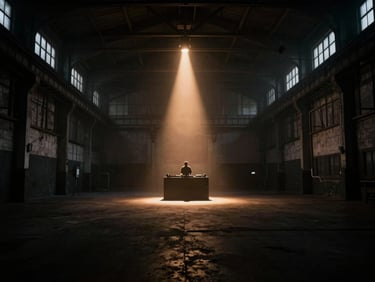 Wide-angle cinematic shot of a dark industrial warehouse in Amsterdam, single amber light beam cutting through heavy haze, silhouette of a DJ booth in the distance.