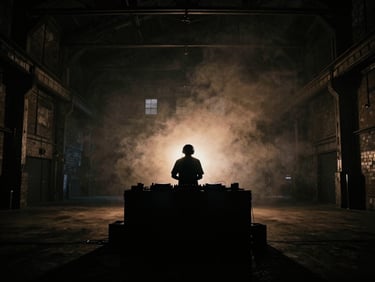 Low-key silhouette of a DJ performing in a vast, dark industrial warehouse in Amsterdam, thick haze, single beam of amber light cutting through smoke, cinematic.
