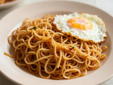 Medium close-up of a traditional Malaysian breakfast plate with fried noodles and an egg, warm golden-hour tones, shallow depth of field.