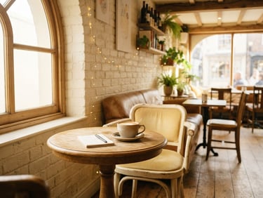 Warm interior corners with natural light, empty café seating, inviting atmosphere, cream and soft yellow tones, bright morning daylight, shallow depth of field, 35mm