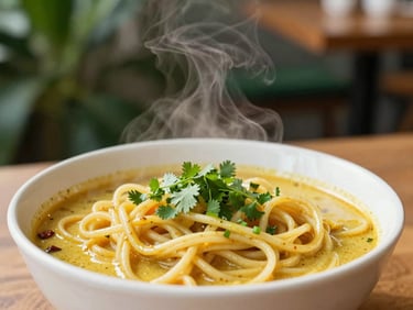 Medium shot of a steaming bowl of curry noodles with fresh herbs, warm cafe background, deep forest green accents, natural daylight.