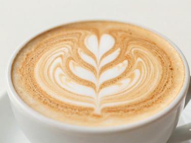 Medium close-up of a steaming latte with beautiful latte art, warm natural morning daylight, cream and coffee brown tones, shallow depth of field.