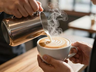 Close-up of a barista pouring latte art into a ceramic cup, steam rising, warm cafe lighting, cream and coffee brown tones, shallow depth of field.