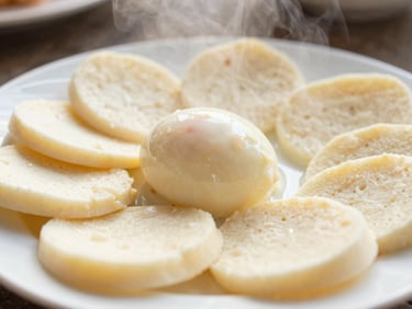 Close-up of a freshly prepared local breakfast plate, steaming, bright natural morning daylight, cream and soft yellow tones, shallow depth of field, 35mm